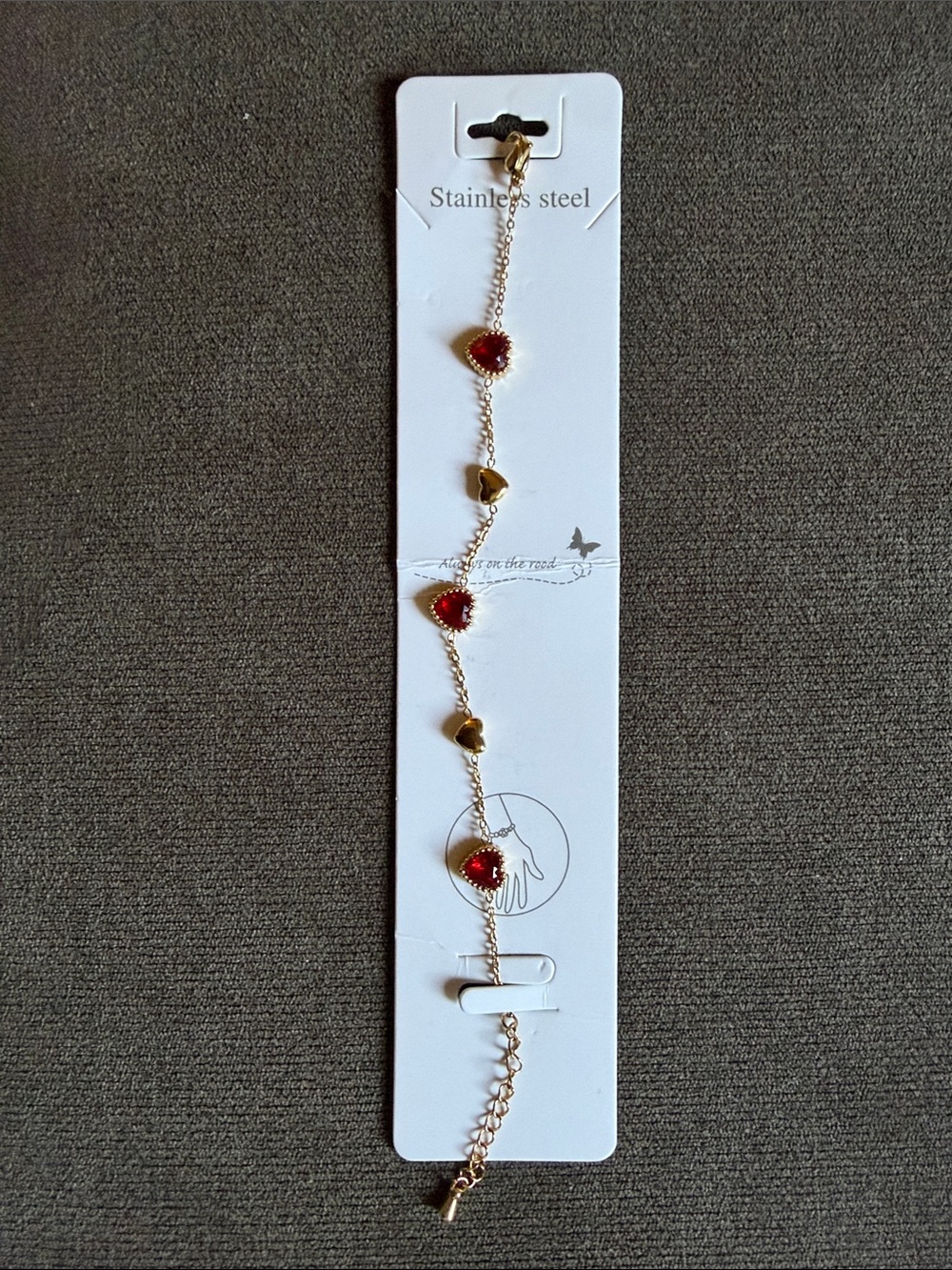 Gold-Tone Stainless Steel Bracelet with Red Heart Accent